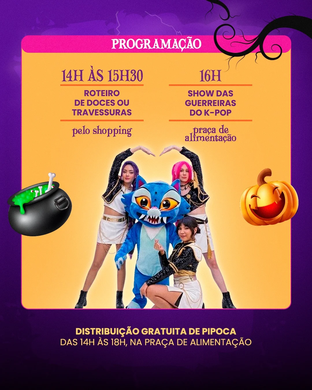 Show das Guerreiras do K-POP é a grande atração do Halloween no Anhanguera Parque Shopping  Evento gratuito no dia 31 de outubro terá roteiro de doces ou travessuras, personagens divertidos e muita música para animar a criançada.