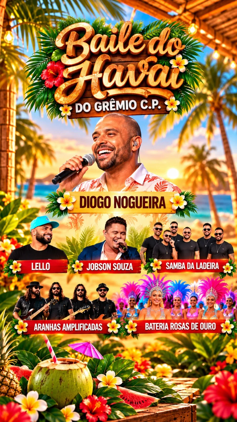 Festa do Havaí transforma o Grêmio de Jundiaí em cenário tropical com cinco toneladas de frutas e grandes atrações musicais