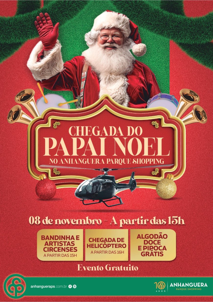 Papai Noel chegará de helicóptero ao Anhanguera Parque Shopping em uma grande festa