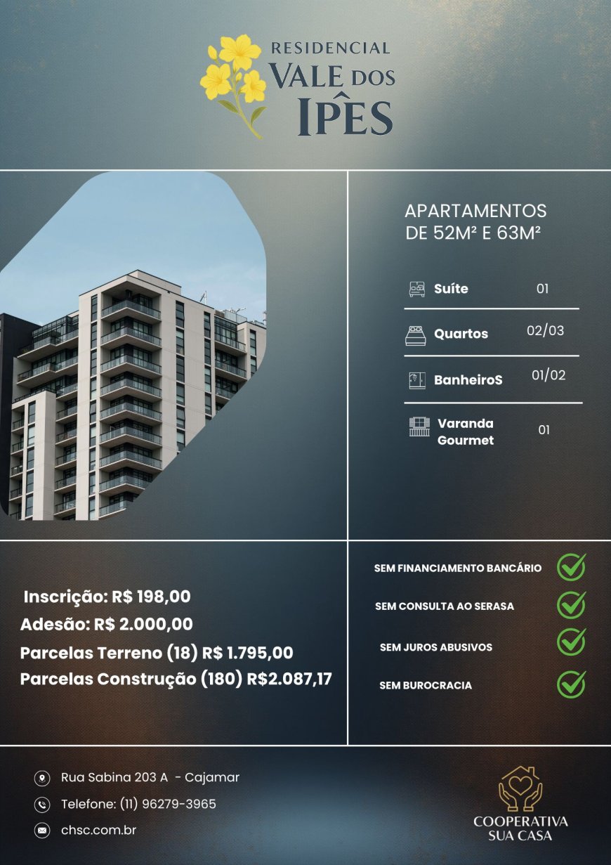 A COOPERATIVA HABITACIONAL SUA CASA , chega à Cajamar , com o propósito de potencializar o acesso da população à tão sonhada casa própria, através de APARTAMENTOS , com 52 m2 , dotados de 02 ( dois) dormitórios , sendo um deles suíte ; dotado de varanda “GOURMET”.